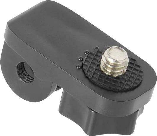 Schwarzer Kamerastativadapter mit einer Metallschraube und einem Gewindeloch an der Seite auf weißem Hintergrund