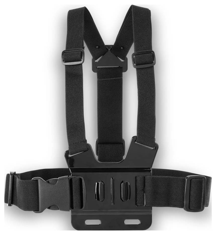 Schwarzes verstellbares Harness-Geschirr mit Gurten und Schnallen, ausgestattet mit einer zentralen Brustplatte und Hüftgurt zum Sichern von Ausrüstung oder einer Kamera.