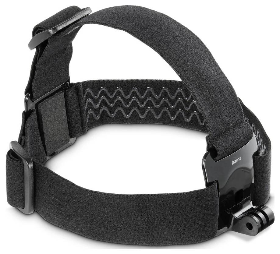 Schwarze verstellbare Stirnlampe mit Kopfband, Polsterung und Schnalle, auf weißem Hintergrund gezeigt.