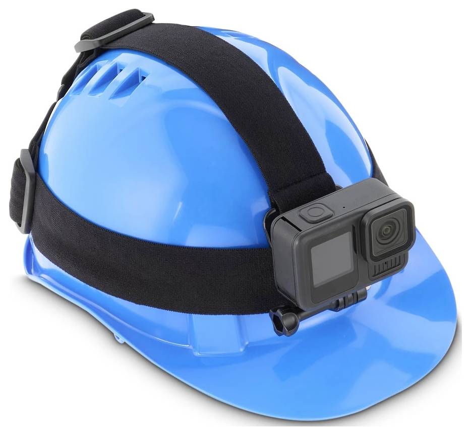 Blauer Schutzhelm mit einer montierten Action-Kamera und Kopfband, gezeigt auf weißem Hintergrund.