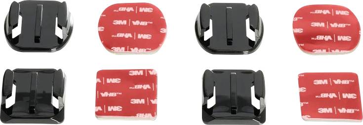 Sechs Klebemontage-Clips in Schwarz und Rot mit 3M VHB-rückenseitigen Pads, dargestellt aus mehreren Winkeln und Größen auf weißem Hintergrund.