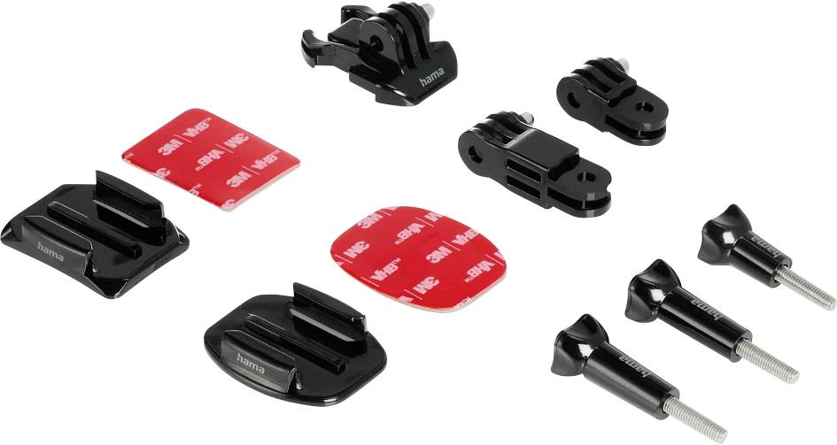 Sortierte schwarze Montageclips und rote Klebepads mit Schrauben, dargestellt als Produkt-Kit auf weißem Hintergrund.