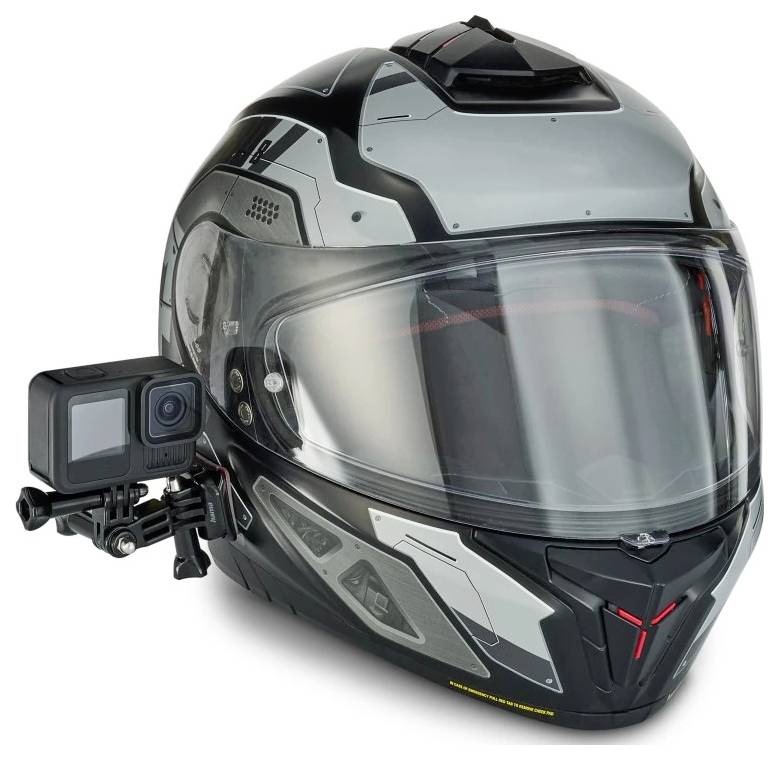 Schwarzer Integralhelm für Motorräder mit klarem Visier und seitlich angebrachter Action-Kamera.