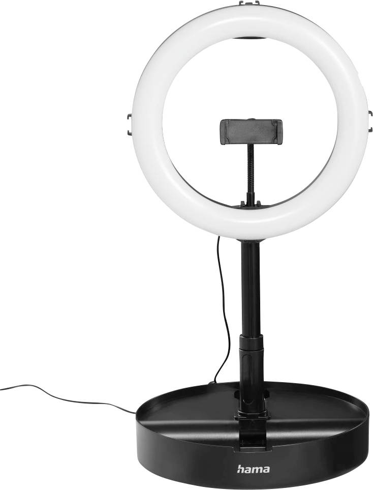 Weiße Ringlicht auf schwarzem Ständer und Basis, mit einer Telefonhalterung in der Mitte des Rings und einem sichtbaren Stromkabel.