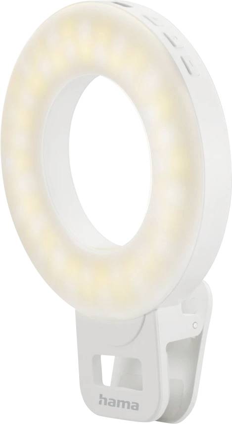 Weiße Hama ringförmige Klemmleuchte mit LED und eingebautem Ständer, auf neutralem Hintergrund dargestellt.