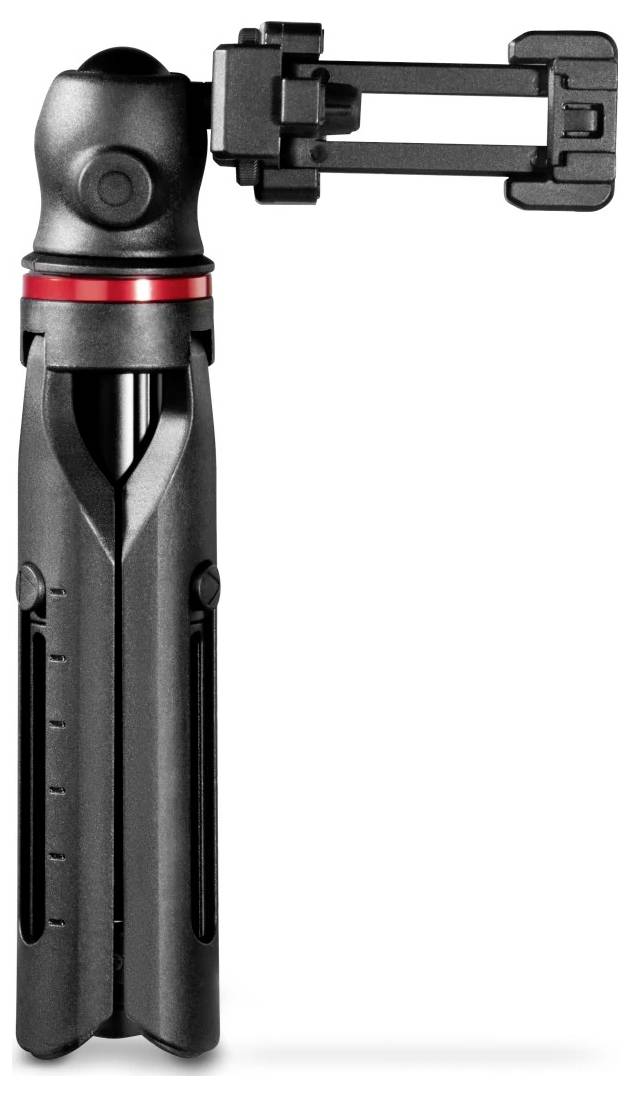 Schwarzes verstellbares Stativ oder Telefonhalter mit klappbarem Spannarm, auf weißem Hintergrund dargestellt.