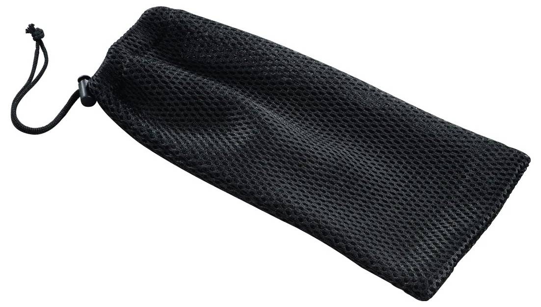 Schwarzes Mesh-Beutel mit Kordelzug in flacher Lage, verwendet zum Lagern oder Transportieren kleiner Gegenstände.