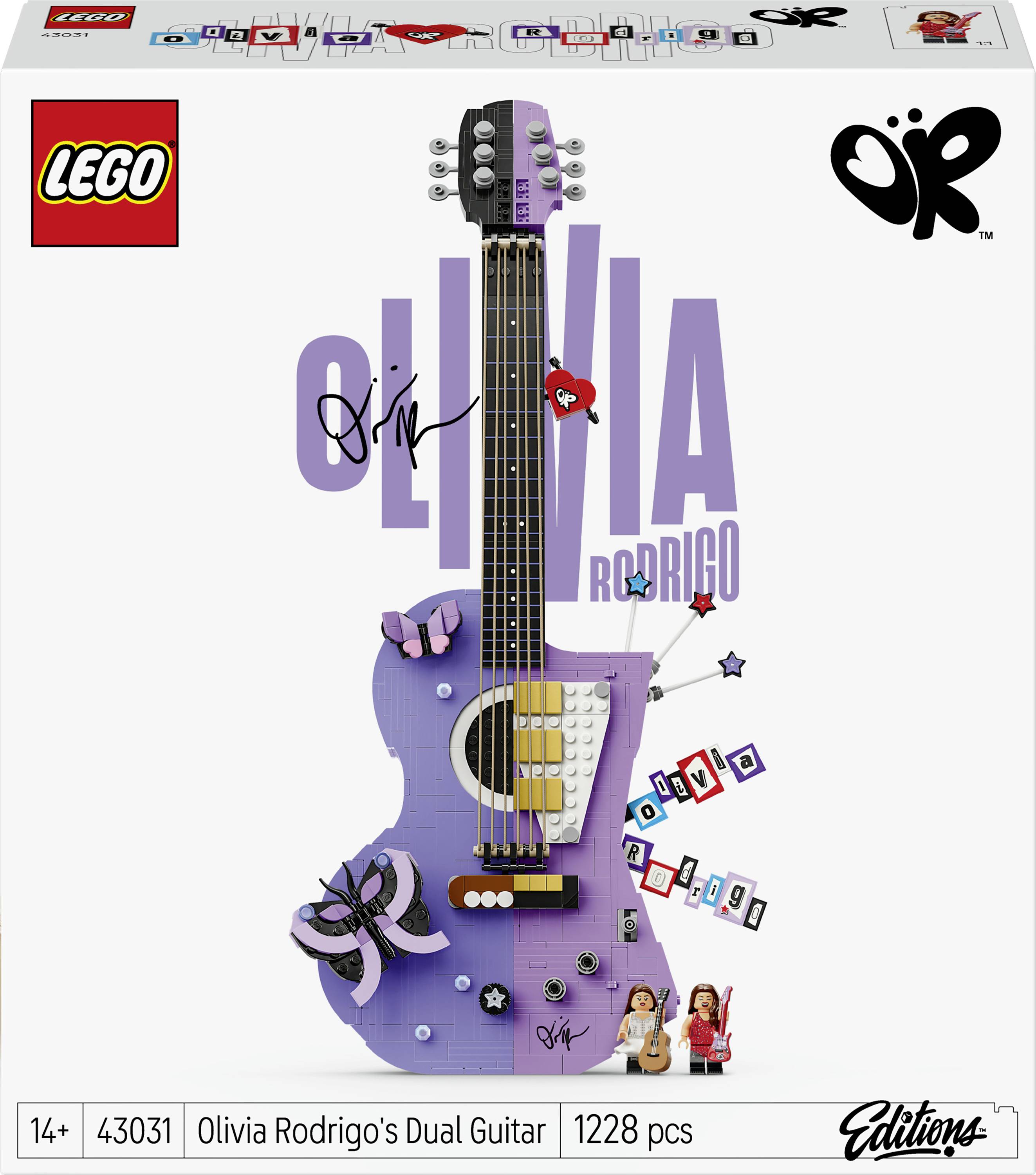 LEGO Icons Schachteln-Kunstwerk für Olivia Rodrigos Dual-Gitarren-Set, zeigt eine lila doppelhaltige Gitarre, LEGO-Logo, Name Olivia Rodrigo und Altersangabe 14+; 1.228 Teile.