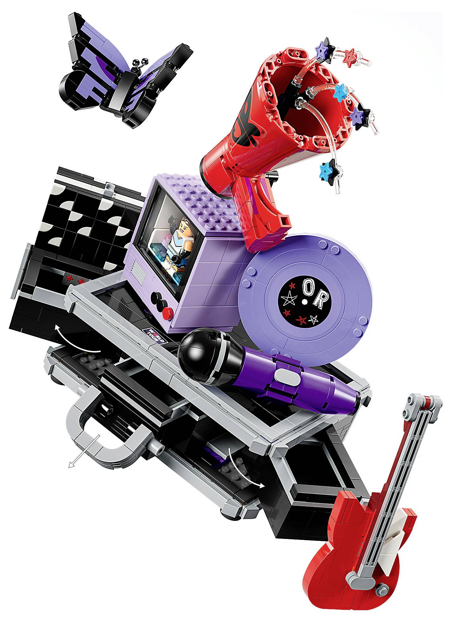 Ein LEGO-ähnlicher Science-Fiction-Roboter-Blaster mit einer roten Kanone, violettem Lauf, schwarzer Basis und kleinen Zubehörteilen auf weißem Hintergrund.