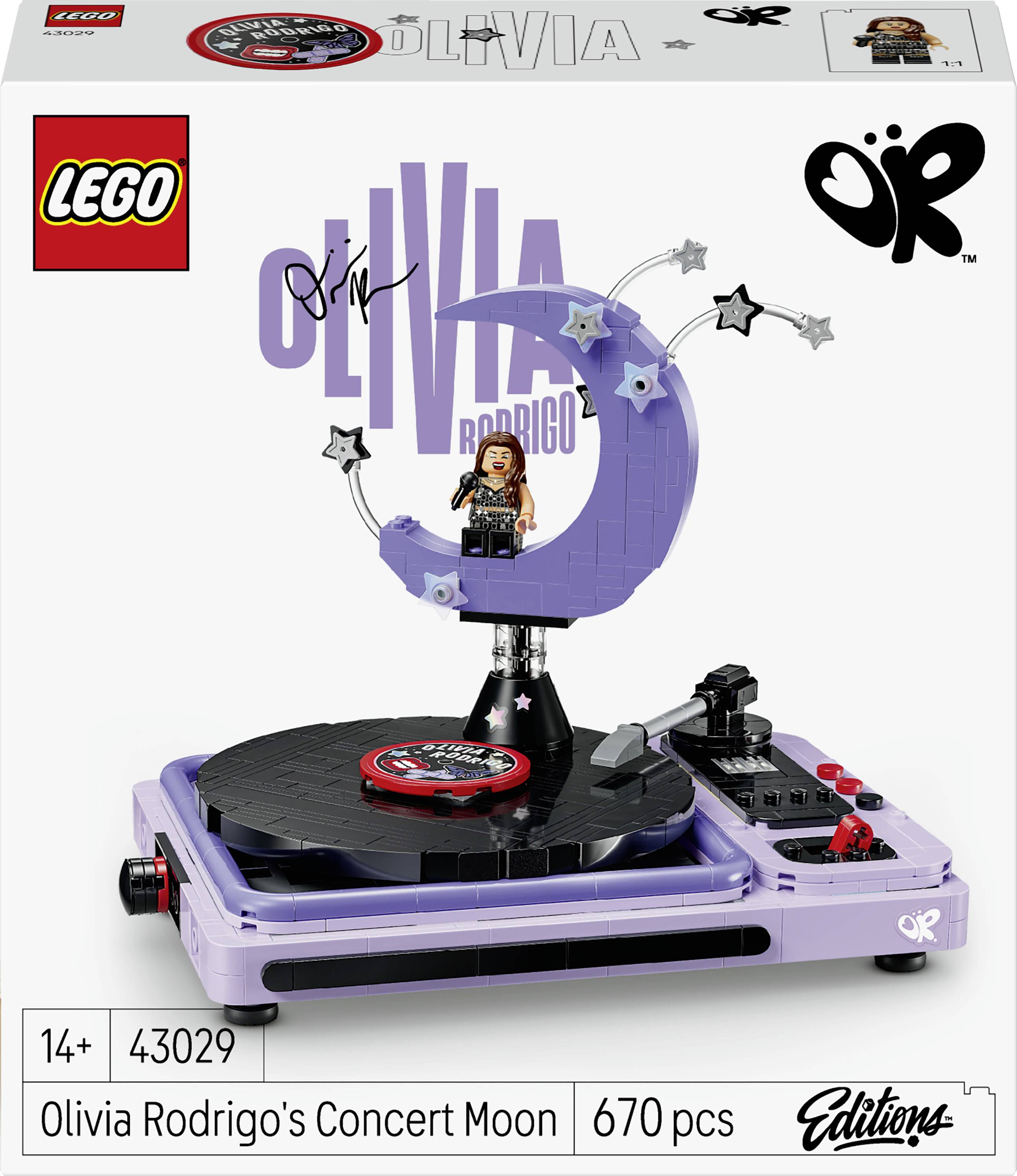 Verpackungskunst des LEGO Ideas Olivia Rodrigo's Concert Moon Sets, das eine violette Bühne mit einer Minifigur, einer Drehtellerbasis und 670 Teilen zeigt.
