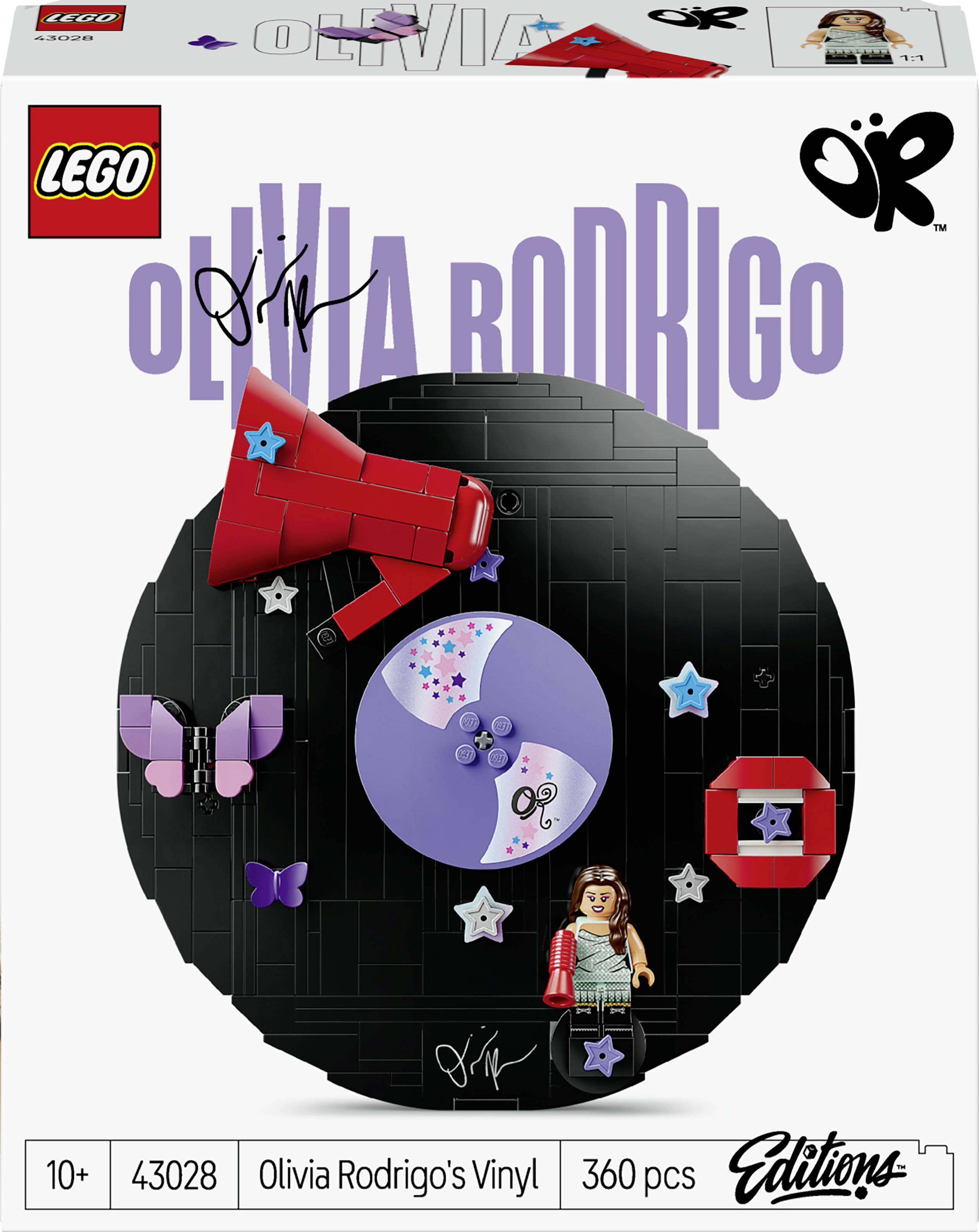 LEGO Icons Olivia Rodrigos Vinyl-Set-Schachtelbild mit einer schwarzen Schallplatte, rotem Megafon, Schmetterlingen, Olivia-Minifigur und Text „43028