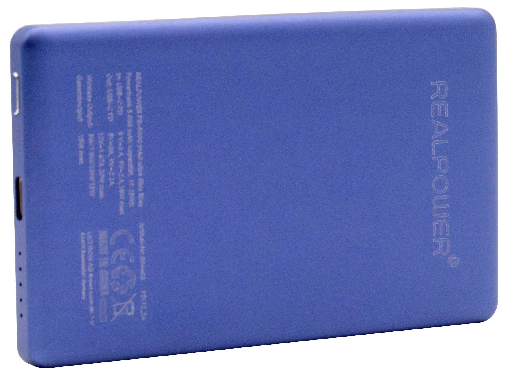 Blauer RealPower Powerbank mit USB-Anschluss und Akkustandsanzeige-Leuchten