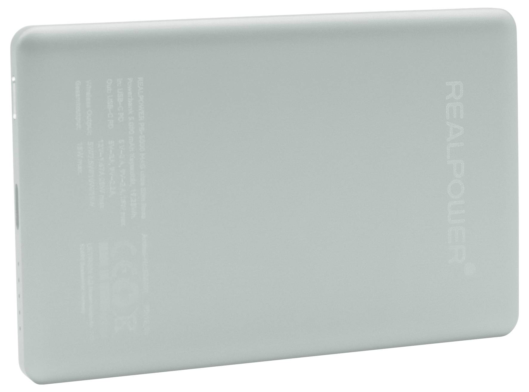 Eine hellgraue tragbare RealPower-Powerbank, diagonal auf weißem Hintergrund angeordnet, mit sichtbarem Branding auf der rechten Seite.