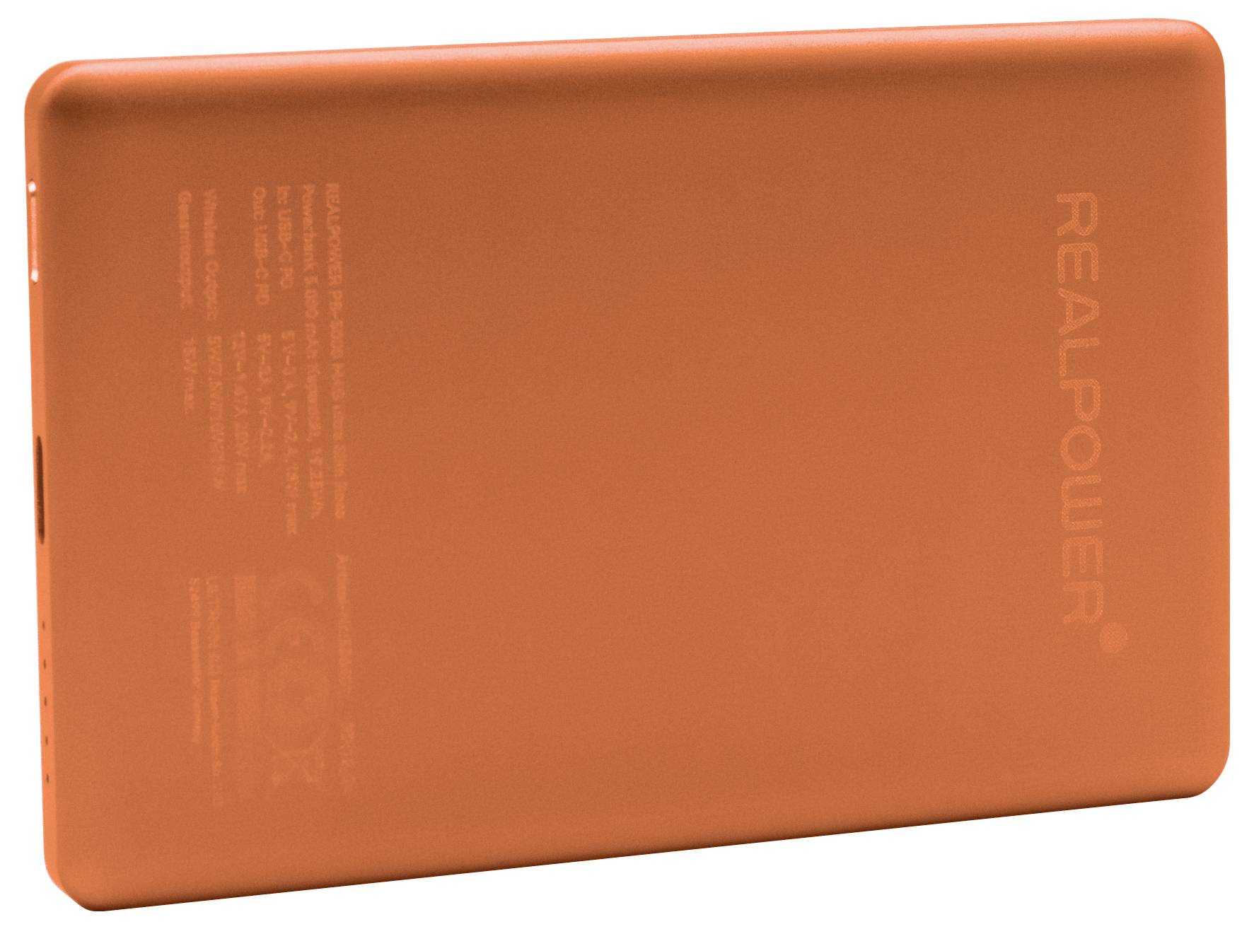 Orange Realpower tragbare Powerbank von hinten betrachtet, mit dem Markennamen und kleinem Regeltext auf dem Gehäuse gedruckt.