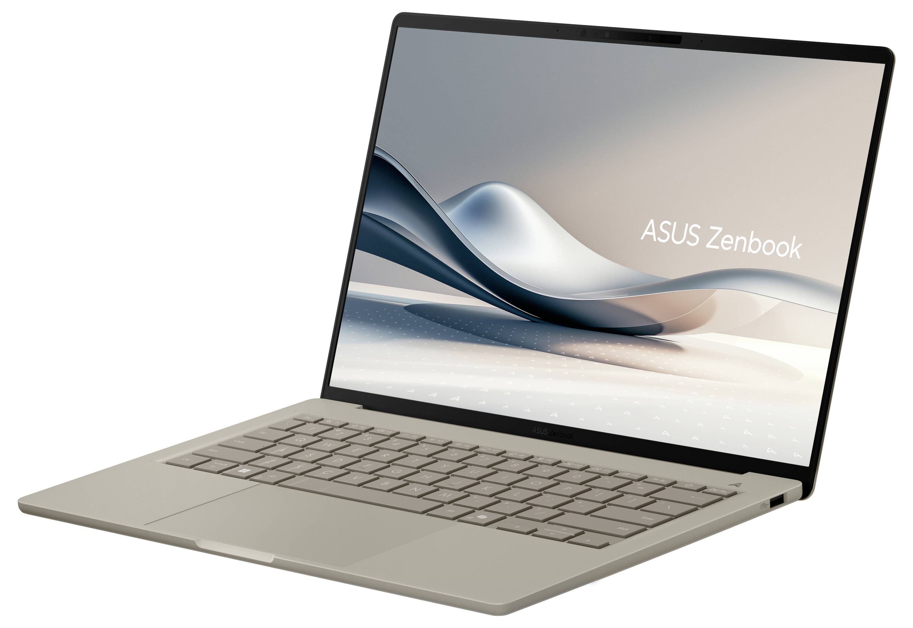 Ein aufgeklappter ASUS Zenbook-Laptop in schräger Perspektive, mit einem minimalistischen abstrakten Hintergrund auf dem Bildschirm und einem dünnen beigefarbenen Gehäuse.