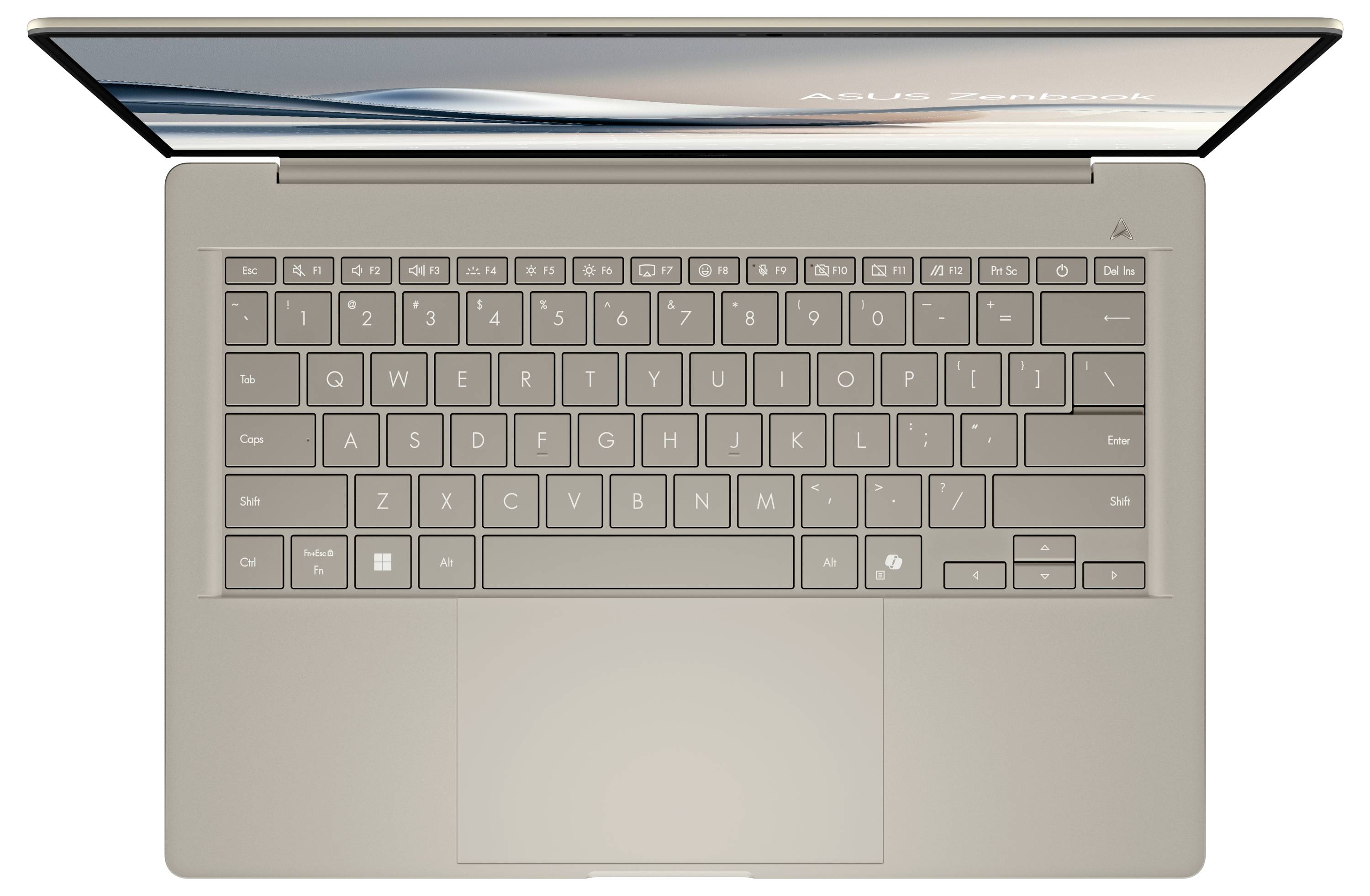Draufsicht auf einen silbernen Laptop mit geöffnetem Bildschirm und sichtbarer Tastatur.