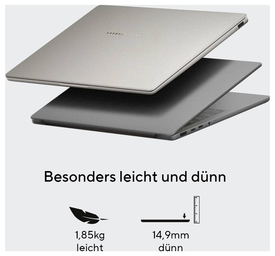 Anzeige mit zwei übereinander gestapelten Laptops, um das schlanke Design zu betonen; der Text besagt „Besonders leicht und dünn