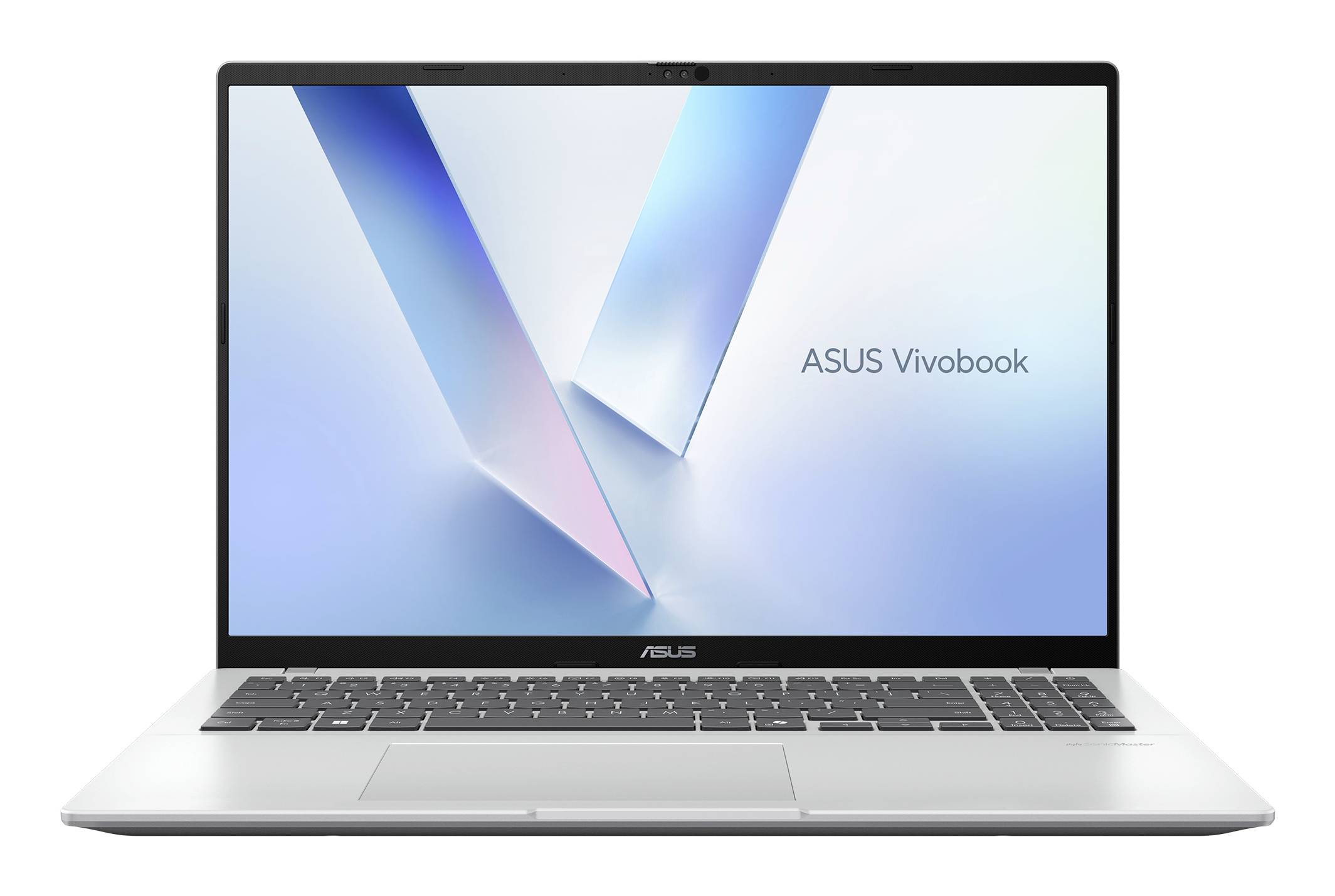 Vorderansicht eines ASUS Vivobook Laptops mit einem blauen abstrakten V-Hintergrundbild auf dem Bildschirm.