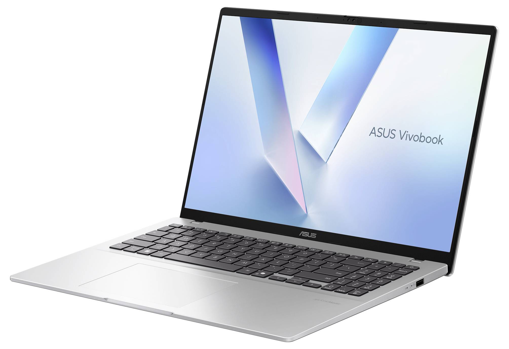 Silberner ASUS Vivobook Laptop, schräg geöffnet, zeigt den Bildschirm mit dem ASUS Vivobook Logo und eine schwarze Tastatur auf weißem Hintergrund.