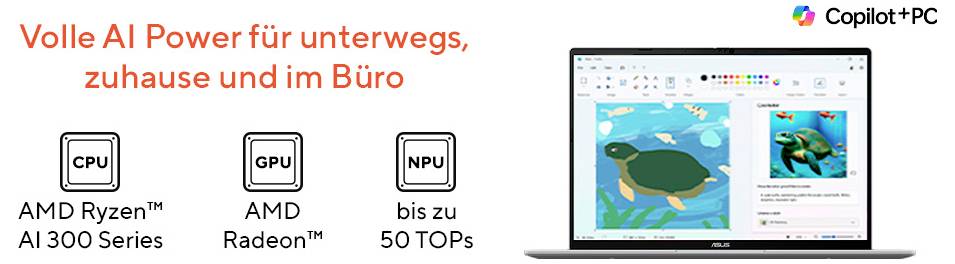 Werbegrafik für Copilot+ PC, die AI-Leistung unterwegs, zu Hause und im Büro zeigt, mit CPU-, GPU- und NPU-Symbolen und einem ASUS-Laptop mit Bildbearbeitung.