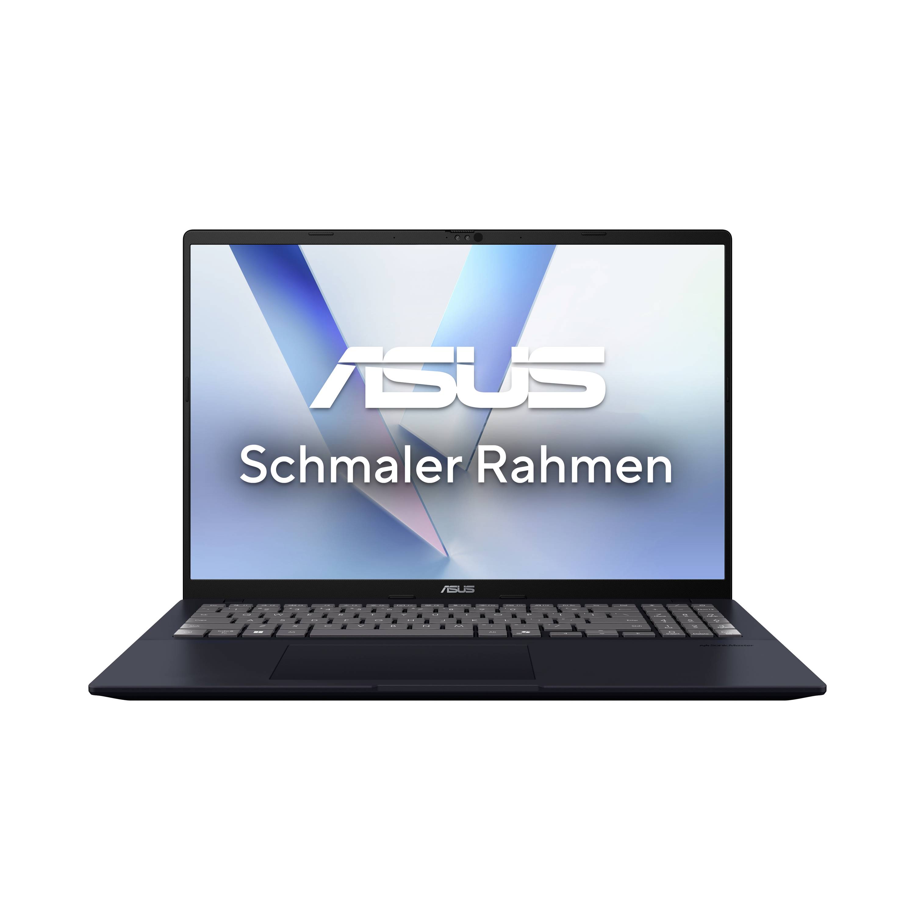 ASUS Laptop, auf weißem Hintergrund geöffnet dargestellt, mit dem Bildschirm, der das ASUS-Logo und den Text „Schmaler Rahmen