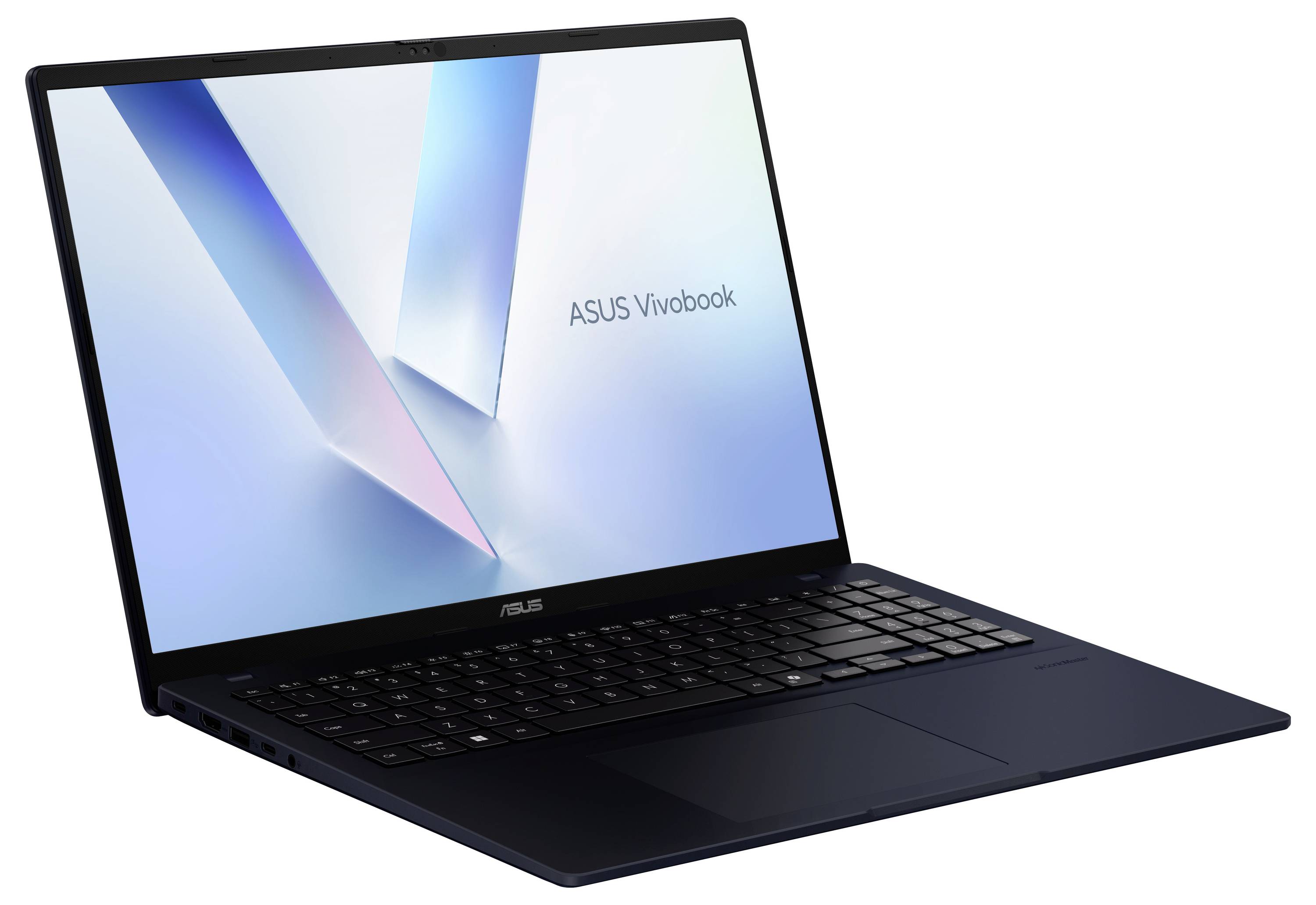 ASUS Vivobook Laptop im offenen Zustand im Winkel auf weißem Hintergrund gezeigt, mit dem Bildschirm, auf dem das ASUS Vivobook Logo angezeigt wird.