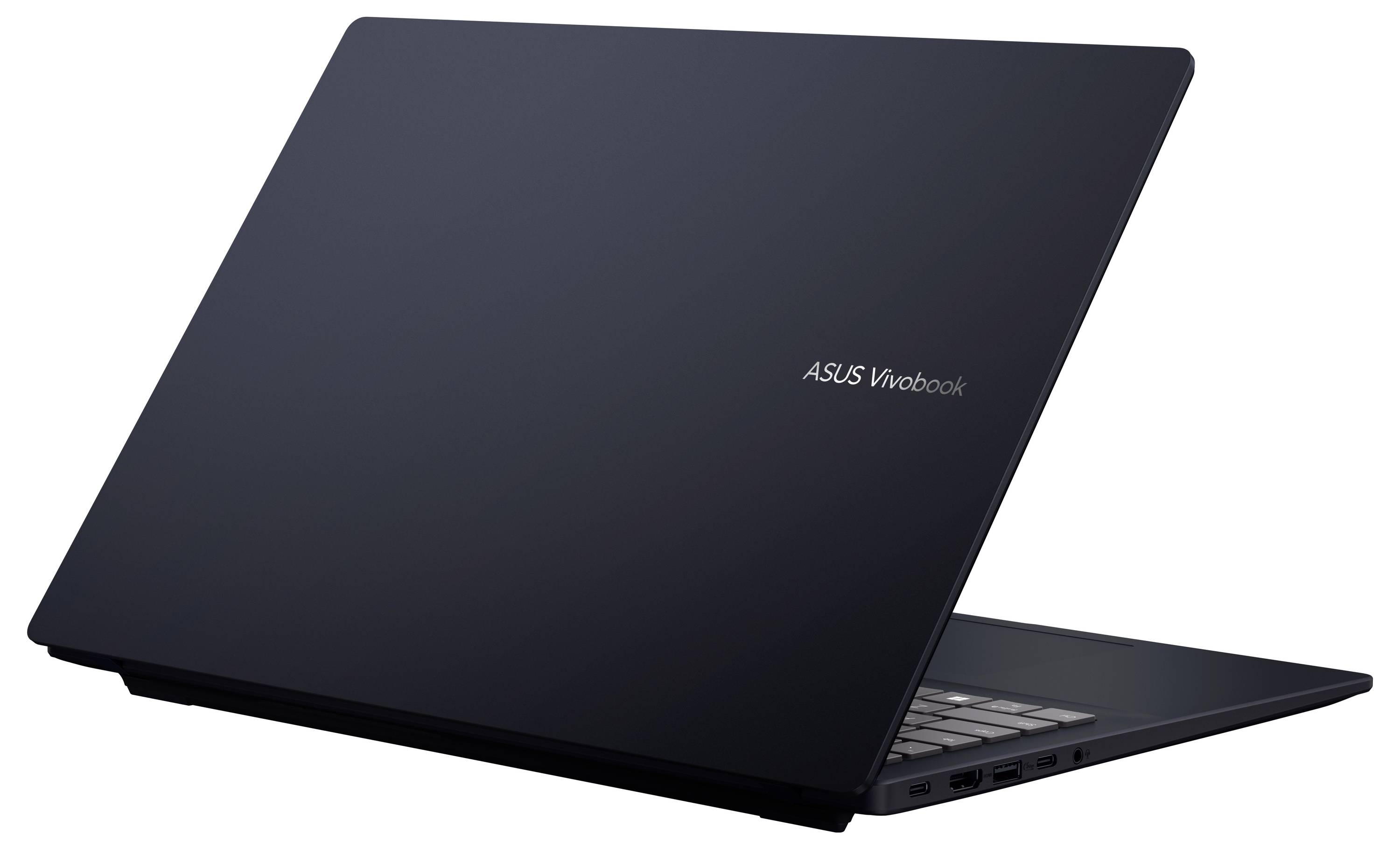 Geschlossener schwarzer ASUS VivoBook-Laptop in einem Winkel auf weißem Hintergrund gezeigt, wobei die Tastatur teilweise sichtbar ist.