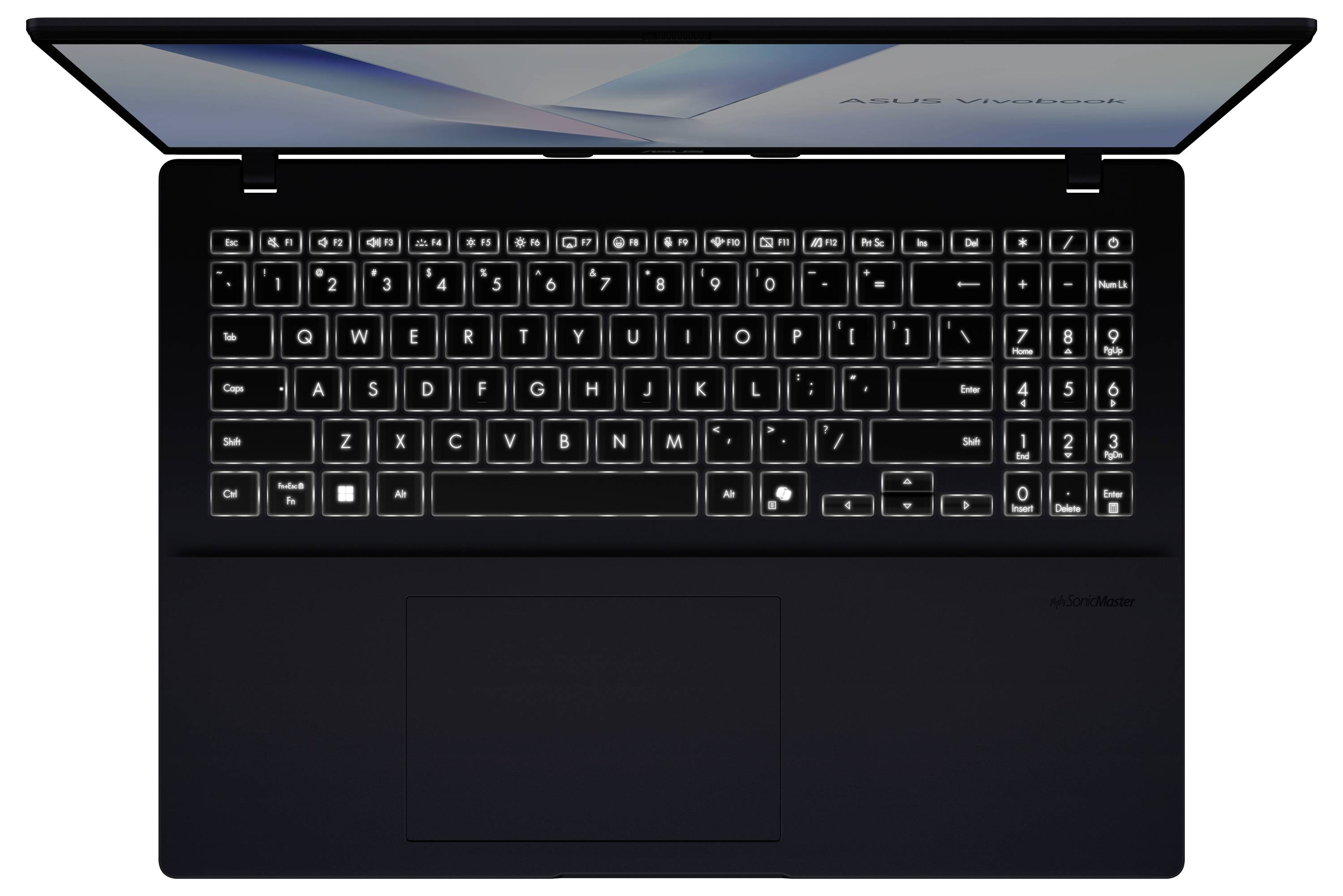 Laptop von oben gezeigt mit schwarzer Tastatur, Ziffernblock, großem Touchpad und teilweise geöffnetem Bildschirm.