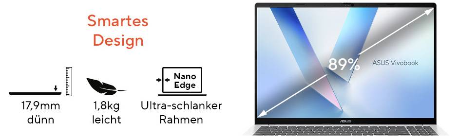 Werbe-Grafik für Asus Vivobook mit einem Laptop mit 89% Bildschirm-zu-Gehäuse-Verhältnis, 17,9 mm dünn, 1,8 kg leicht und ultra-schlankem NanoEdge-Rahmen.