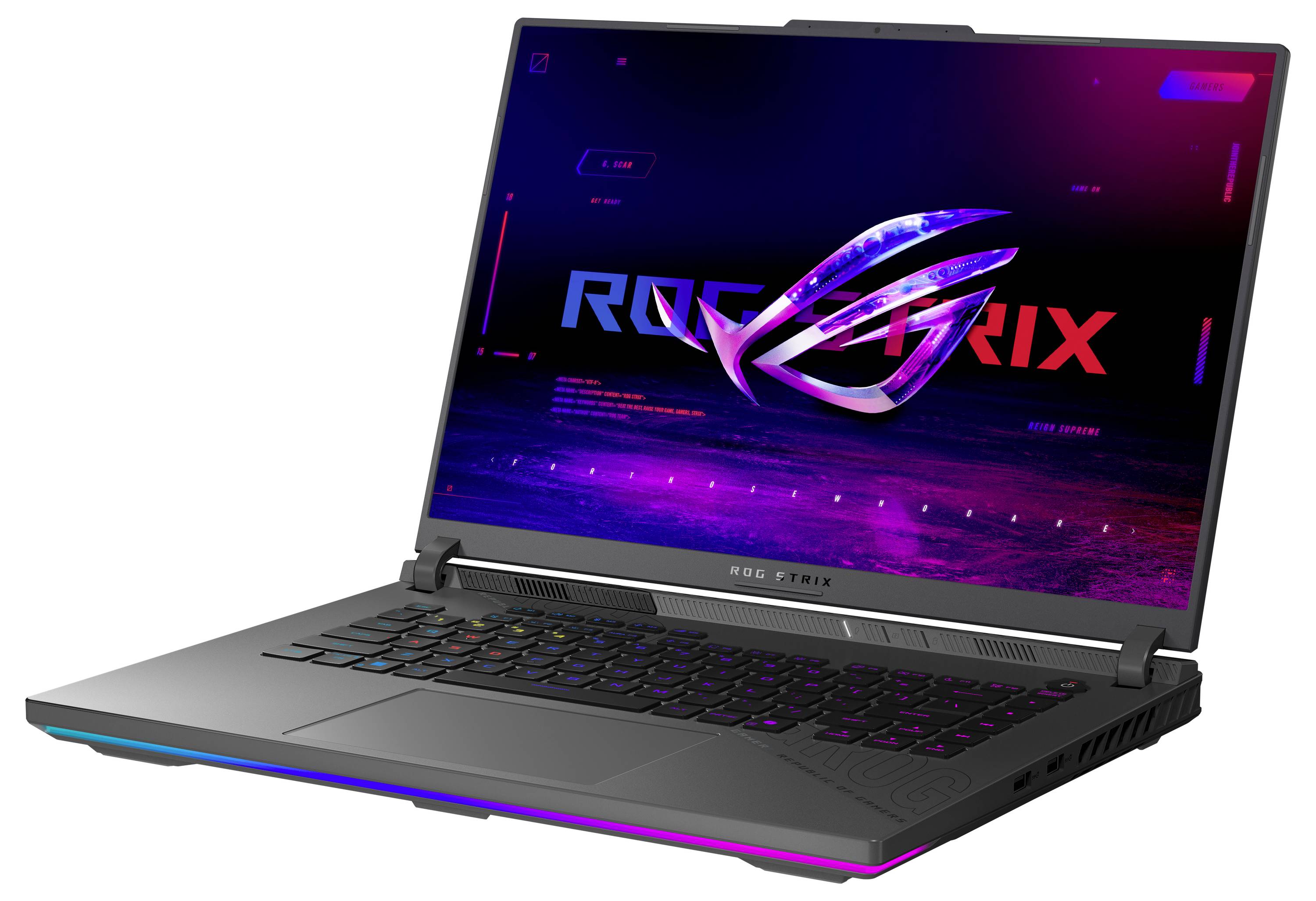 Offenes Gaming-Laptop mit ROG-Logo auf dem Bildschirm, RGB-beleuchteter Tastatur und grauem Gehäuse.