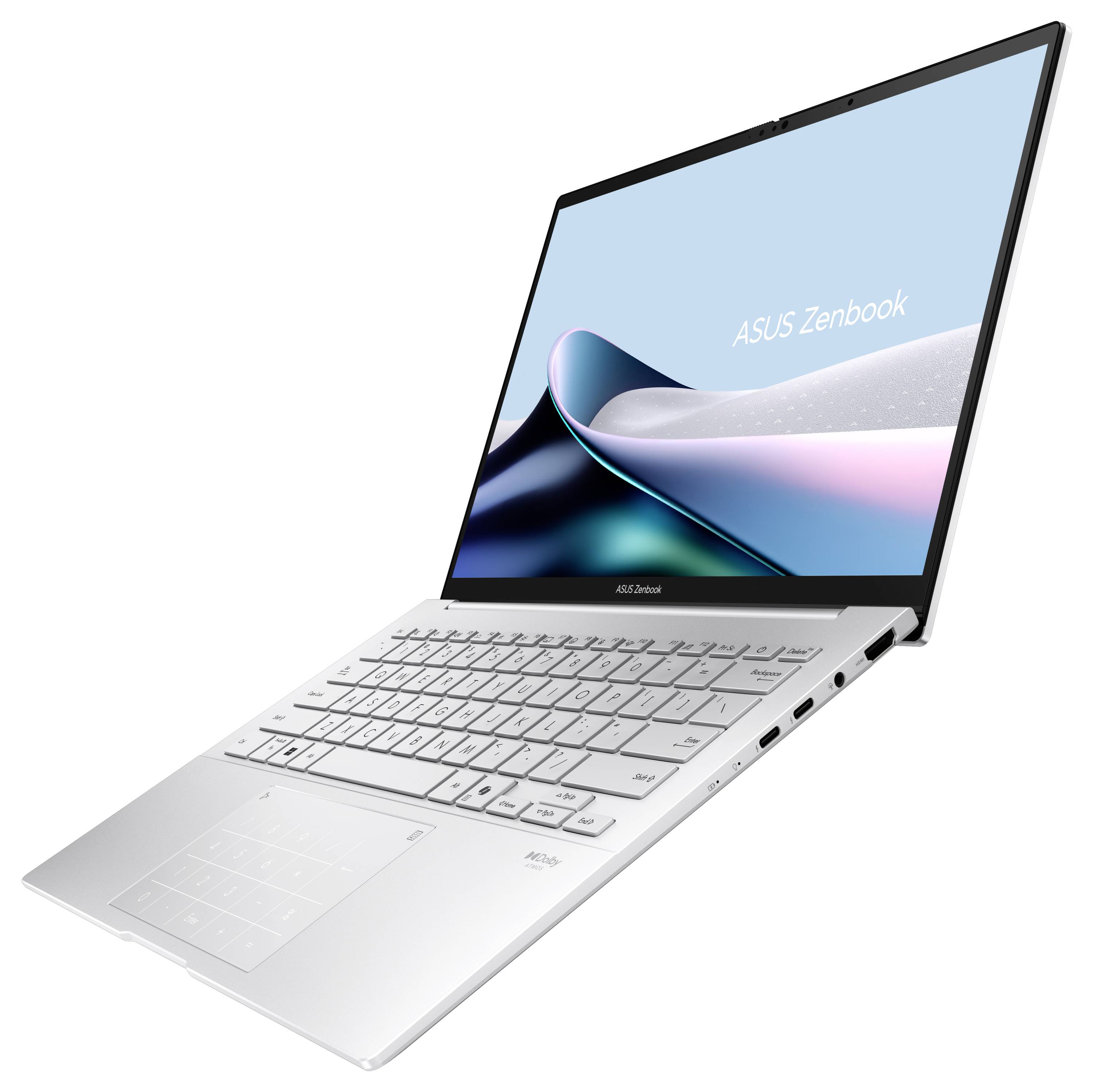 Silberner ASUS Zenbook Laptop, aufgeklappt auf weißem Hintergrund dargestellt, mit dem ASUS Zenbook Logo auf dem Bildschirm und abstraktem blau-rosa Hintergrundbild.