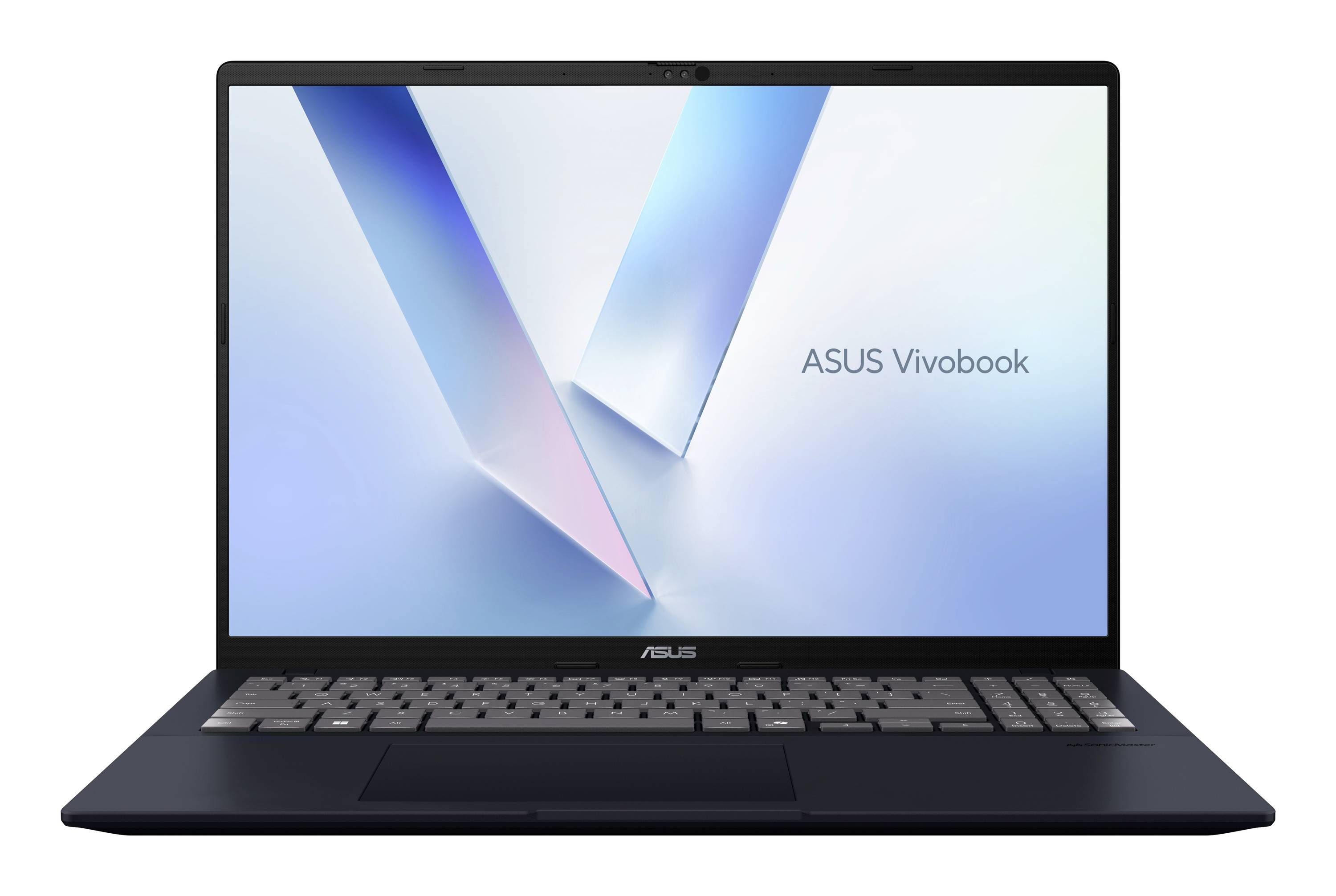 Vorderansicht eines schwarzen ASUS Vivobook-Laptops mit eingeschaltetem Bildschirm, der ein blaues abstraktes V-förmiges Hintergrundbild und den Text 