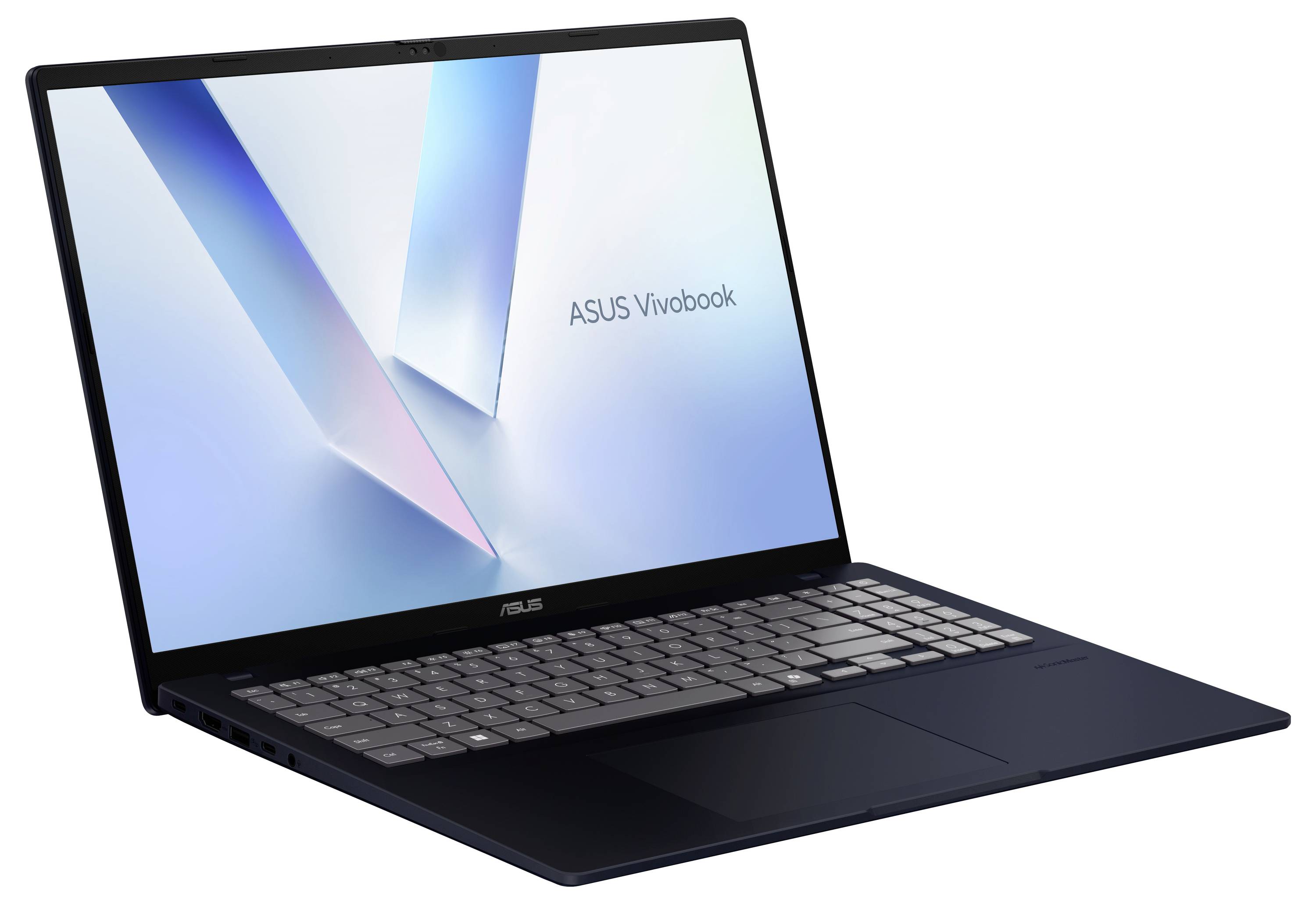 ASUS Vivobook Laptop, leicht angewinkelt geöffnet mit sichtbarer Tastatur und Bildschirm auf weißem Hintergrund.