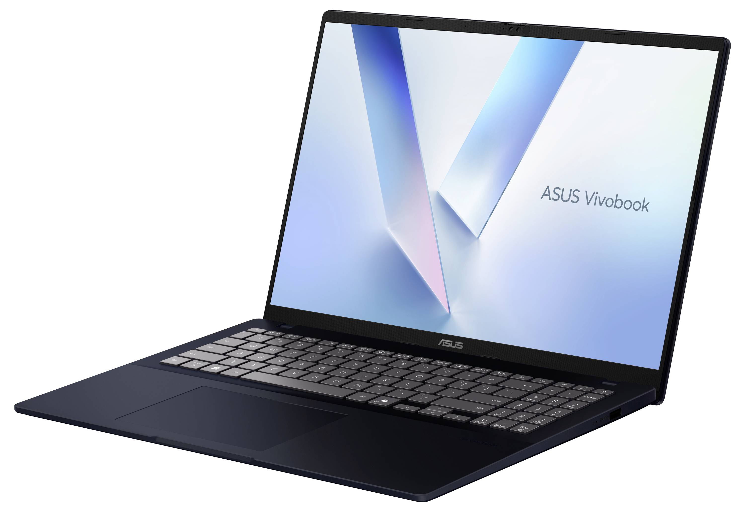 Offener ASUS Vivobook-Laptop, der das ASUS Vivobook-Logo auf dem Bildschirm zeigt, aus einem Winkel betrachtet.