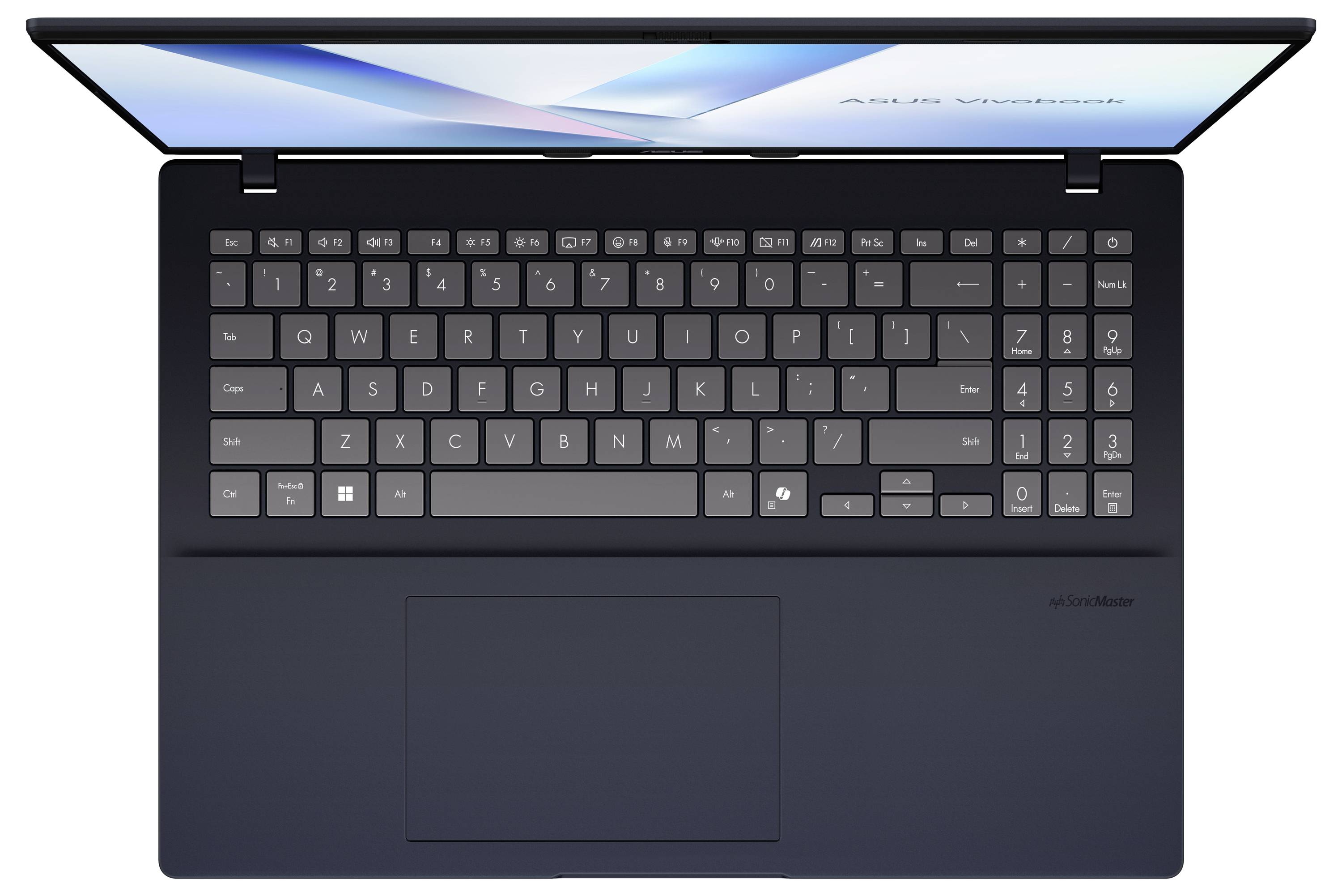 Draufsicht auf einen dunklen Laptop mit geöffnetem Bildschirm, die eine vollständige Tastatur, ein numerisches Tastenfeld und ein großes Touchpad zeigen.