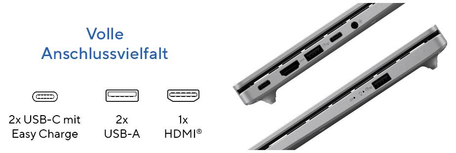 Seitenansicht des Laptops mit Portauswahl: 2x USB-C mit Easy Charge, 2x USB-A und 1x HDMI.