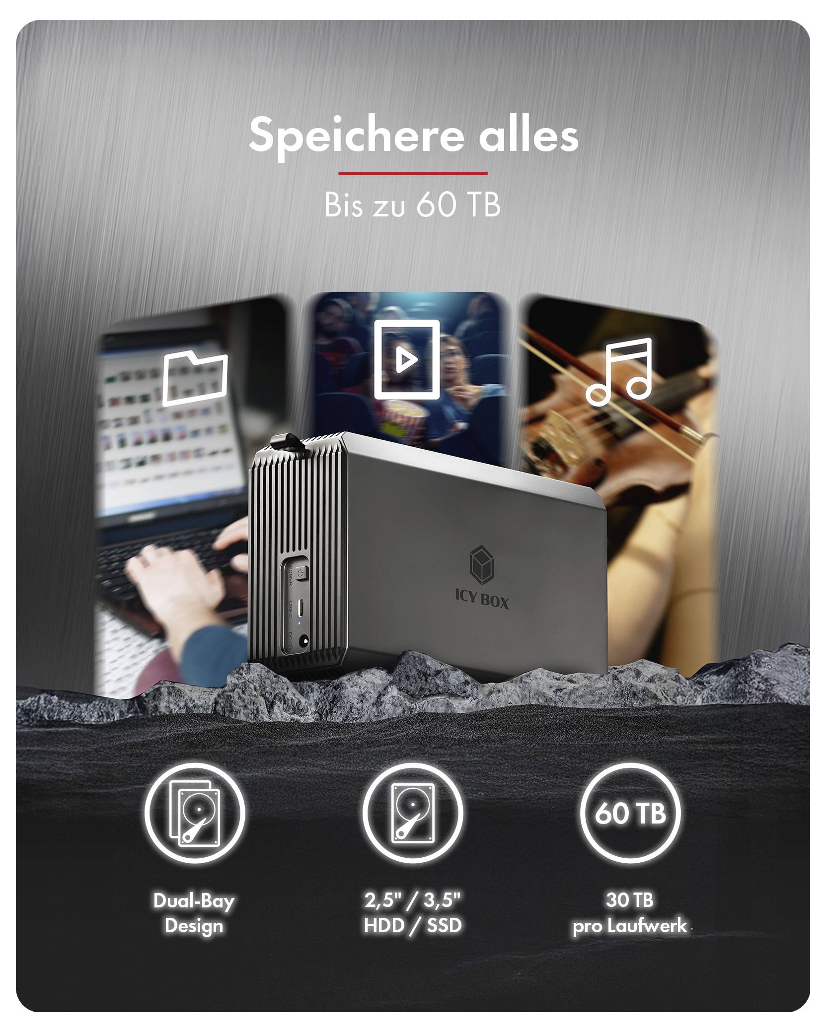 Laptop verbunden mit einer Dockingstation mit freiliegendem SSD; Hände tippen auf der Tastatur, mit dem Text 