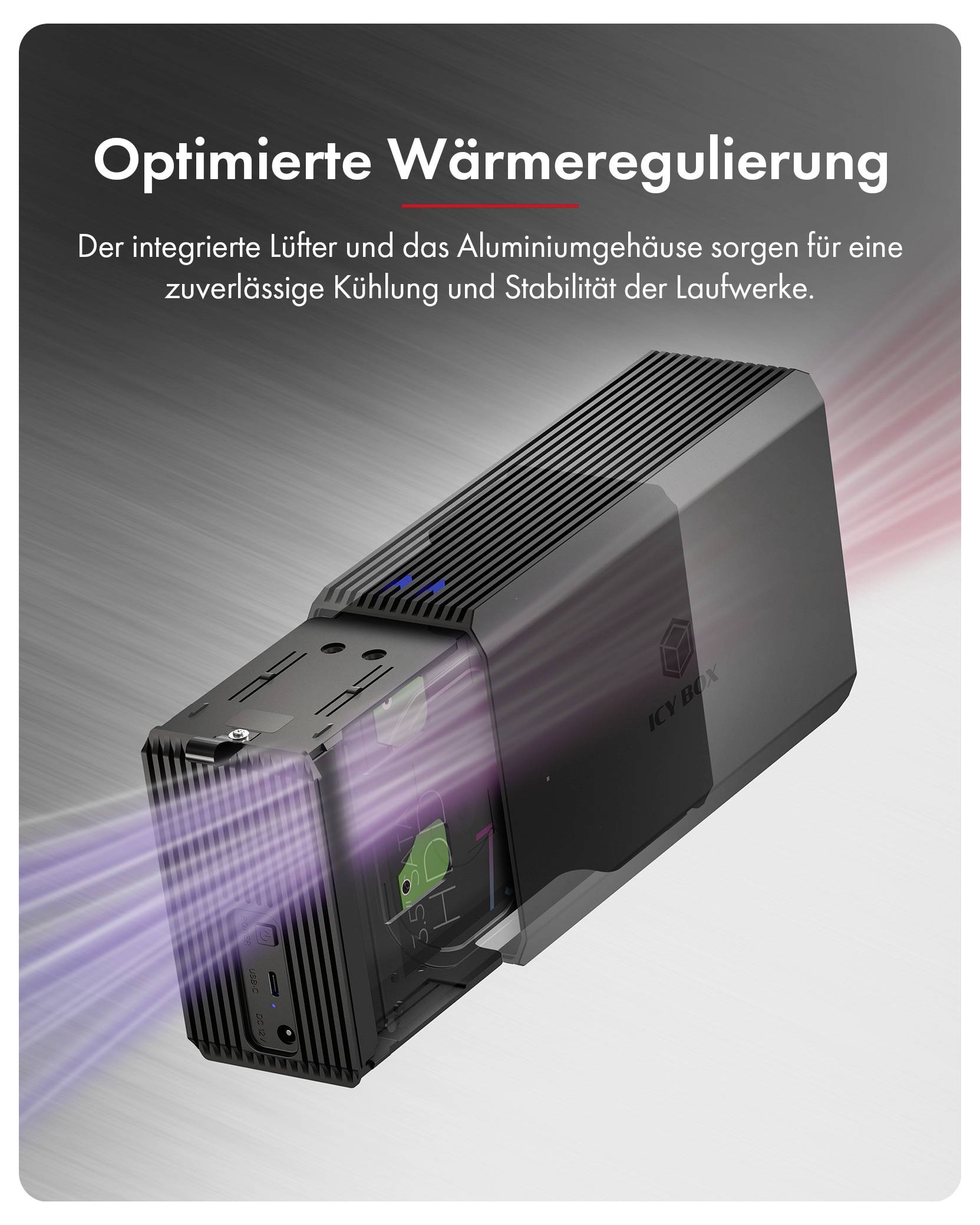 Werbegrafik eines Geräts mit Luftstrom- und Wärmeleuchten, beschriftet mit „Optimierte Wärmeregulierung
