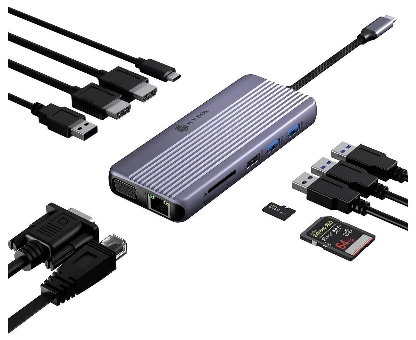 Tragbarer USB-C-Hub mit HDMI, Ethernet, USB-Anschlüssen, SD-Kartensteckplatz und mitgelieferten Kabeln/Adaptern auf weißem Hintergrund