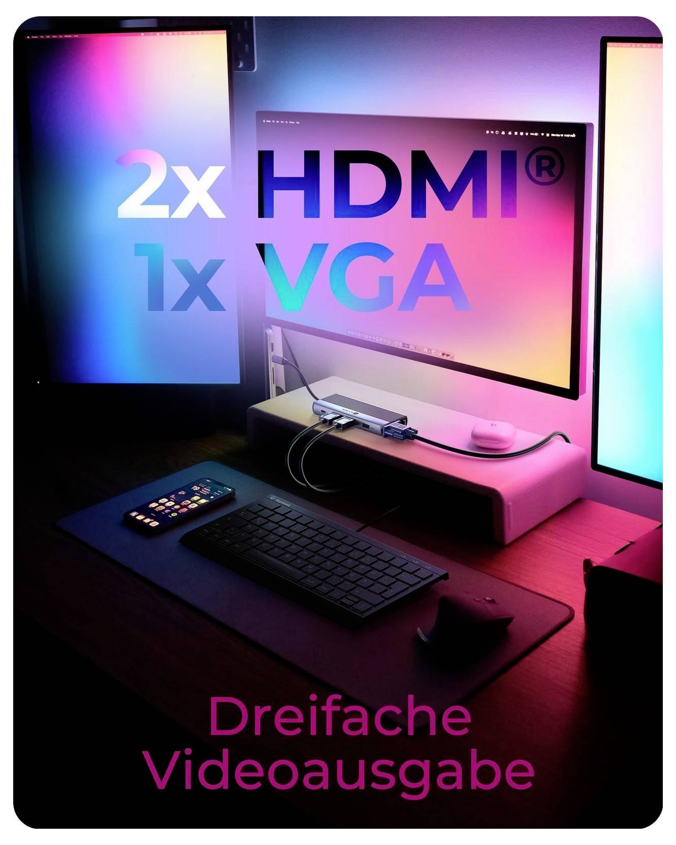 Werbebild eines Schreibtisches mit drei Monitoren und der Text '2x HDMI', '1x VGA' und 'Dreifache Videoausgabe', das dreifache Videoausgabe hervorhebt.