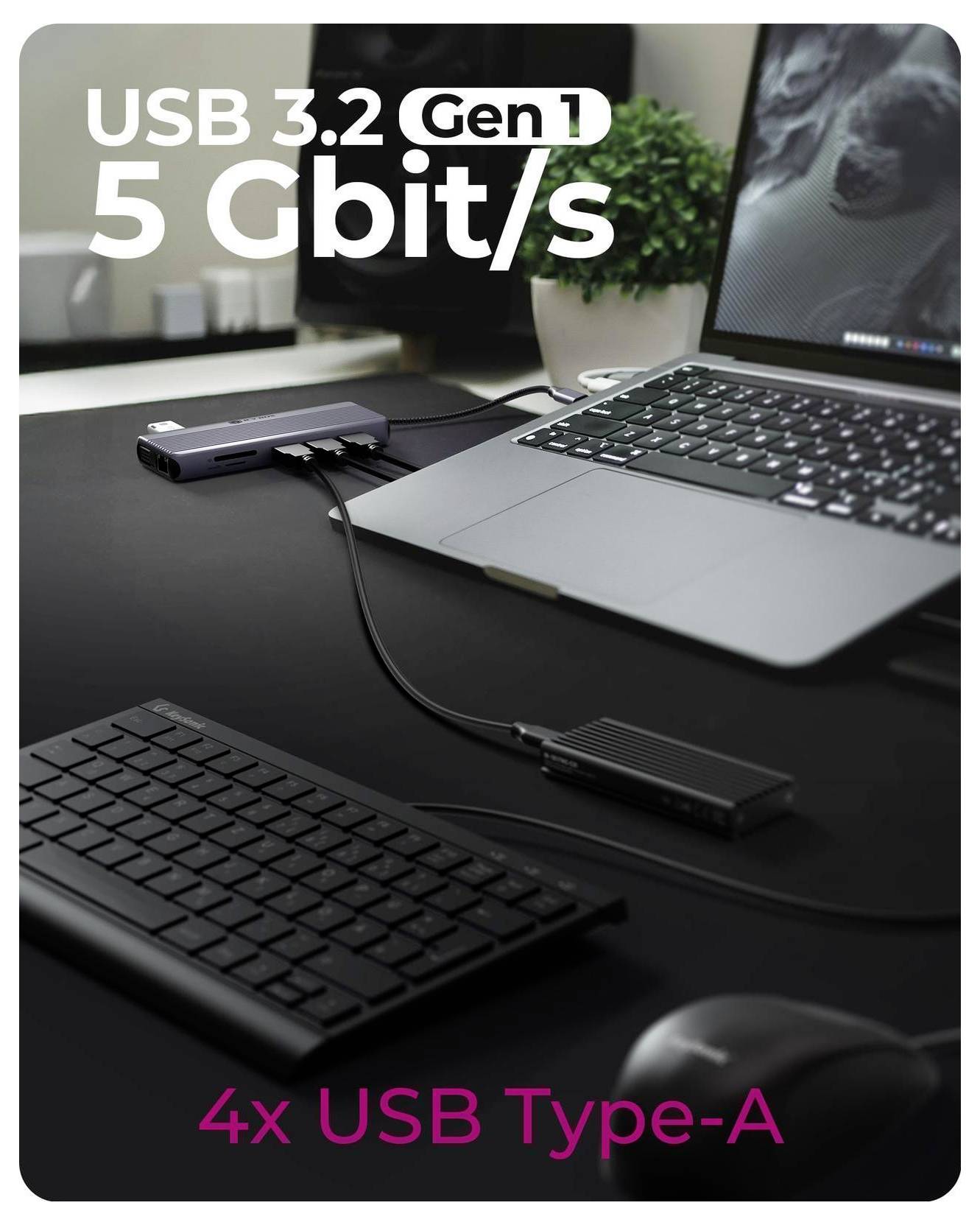 Geteiltes Bild, das einen USB-Hub/Docking-Setup vergleicht, der mit MacBook und iPhone auf macOS und mit einem Windows-Laptop auf Windows verwendet wird.
