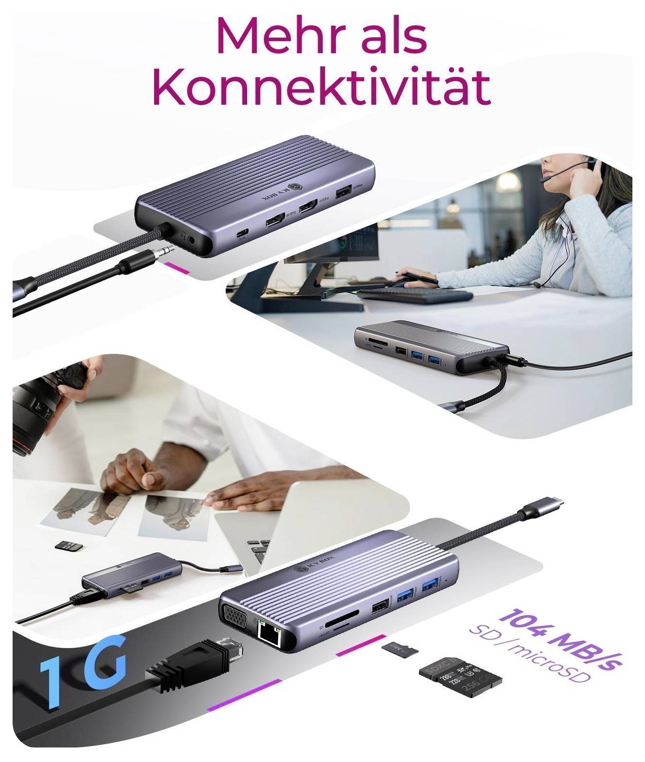 Mehr als KonnektivitätUSB-C-Hub mit mehreren Anschlüssen, verbunden mit einem Laptop, Monitor und SD/microSD-Kartensteckplatz, mit Hervorhebung von 10x schneller als 1G-Netzwerk.