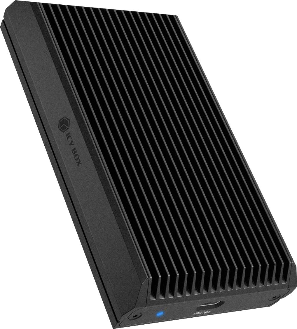 Schwarze ICY BOX externe Festplattengehäuse mit geripptem Aluminium-Gehäuse und kleiner blauer Statusanzeige