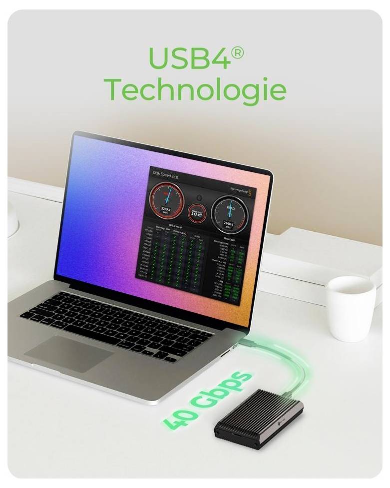 Laptop, der durch ein leuchtendes USB4-Kabel mit einem externen Laufwerk verbunden ist, mit dem Text „USB4-Technologie