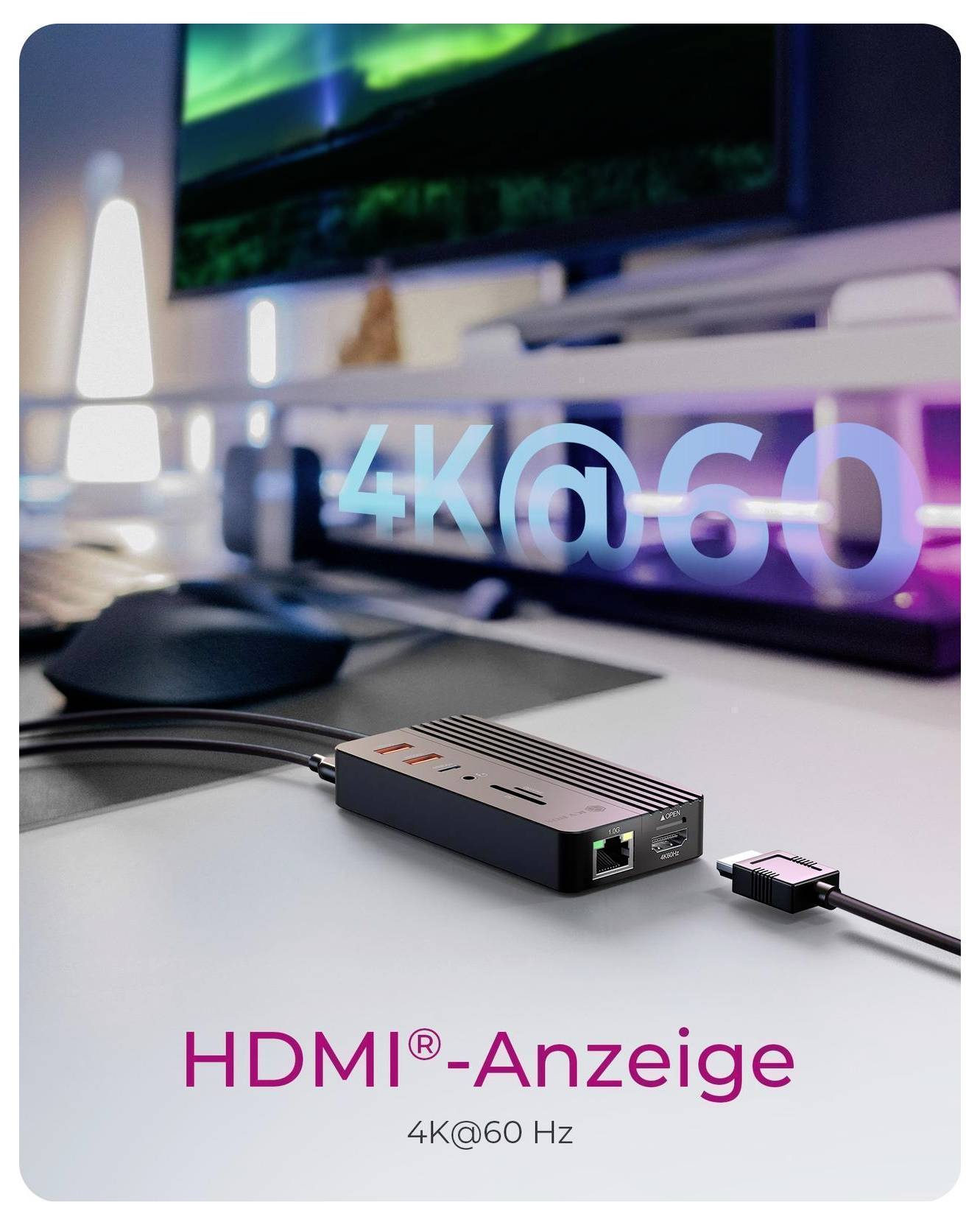 HDMI-Anzeigeadapter auf einem Schreibtisch, angezeigt mit dem Text „HDMI-Anzeige