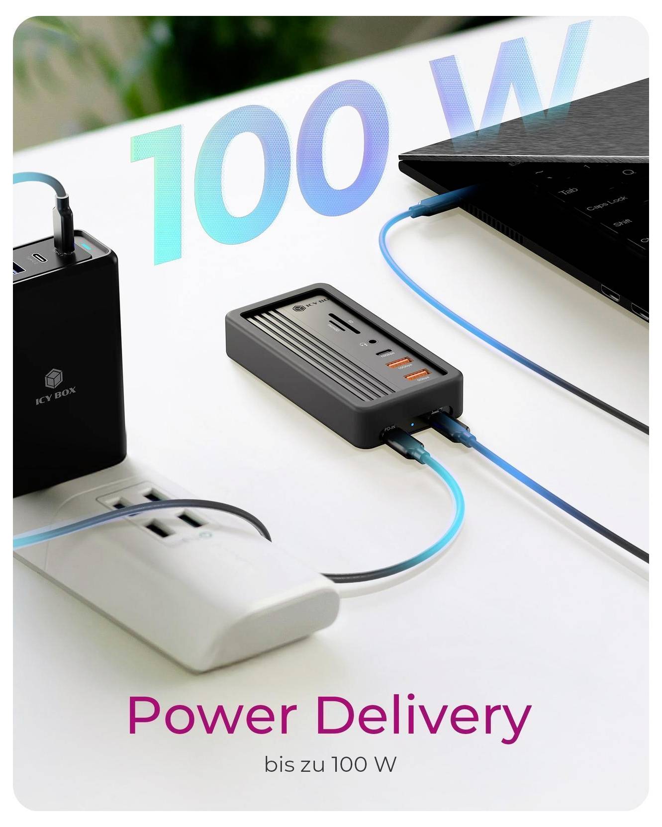 USB-C-Stromanschluss und Laptop verbunden durch blaue Kabel, mit Text „100 W