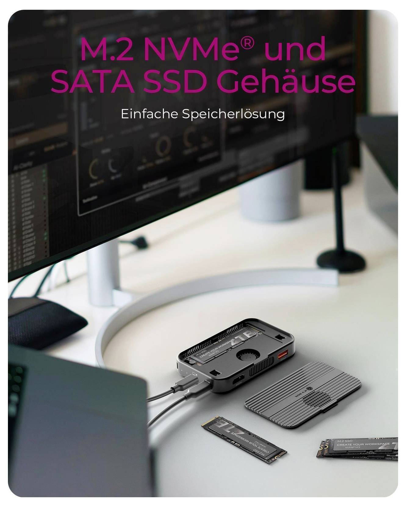 Produktbild eines M.2 NVMe und SATA SSD Gehäuses auf einem Schreibtisch, mit deutschem Text „M.2 NVMe® und SATA SSD Gehäuse