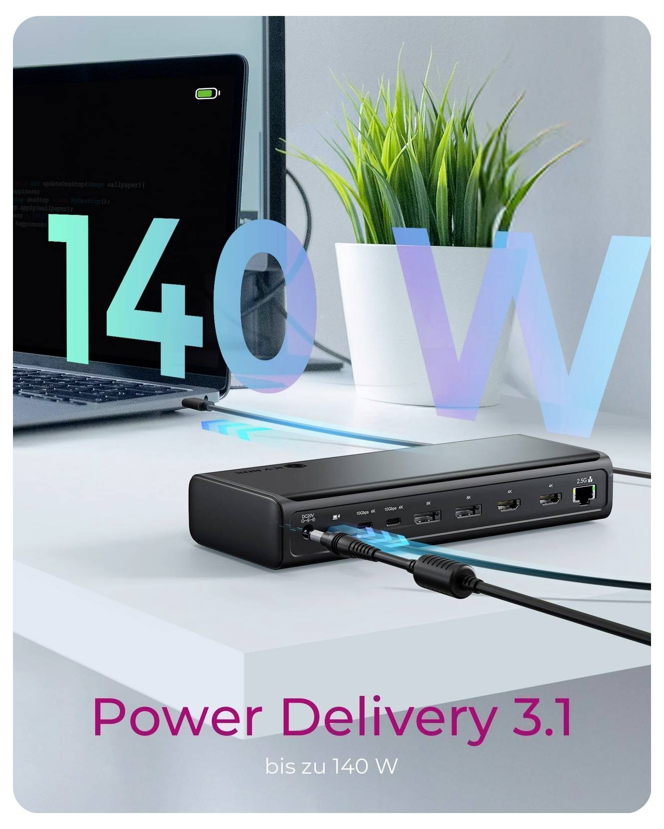Laptop angeschlossen an eine USB-C-Dockingstation mit großem Text „140W