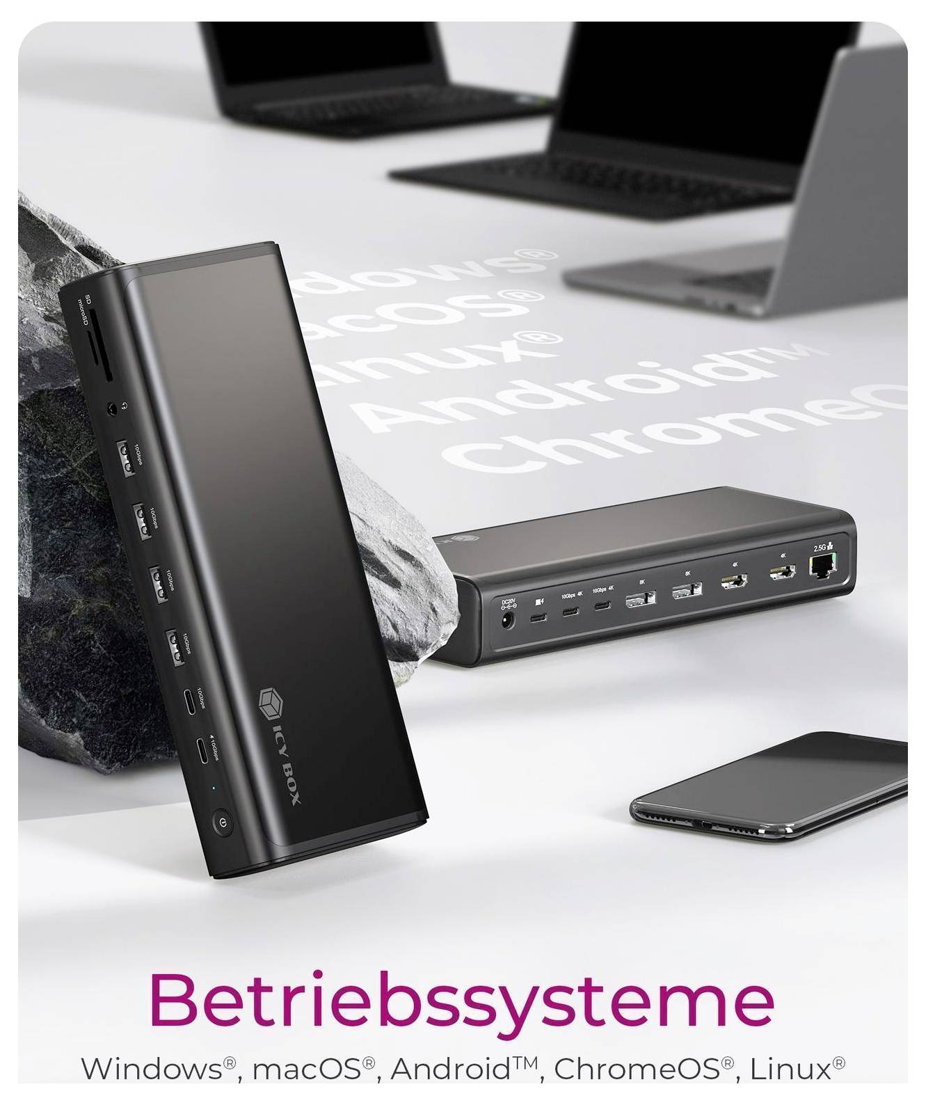 Werbeabbildung eines Xbox-Docking-Hubs mit einem Telefon und Laptop; der Text darunter lautet „Betriebssysteme