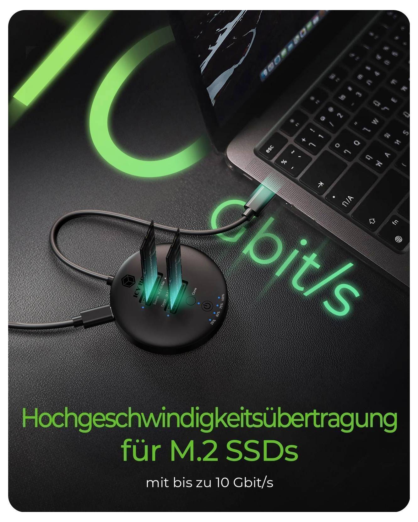 Produktgrafik eines M.2-SSD-Gehäuses, das mit einem Laptop verbunden ist und folgende Punkte hervorhebt: „Hochgeschwindigkeitsübertragung für M.2-SSDs